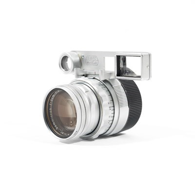 Product: Leica SH 50mm f/2 Summicron (II) lens M-DR-chrom w/- goggles (slight separation) +12585 lens hood + silver UVa filter grade 8