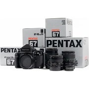 Pentax SH 67 II body w/ BG-60 focus screen + 45mm f/4 + 100mm f/4 macro & life size attachment lens + 165mm f/2.8 lens grade 10 (new old stock)