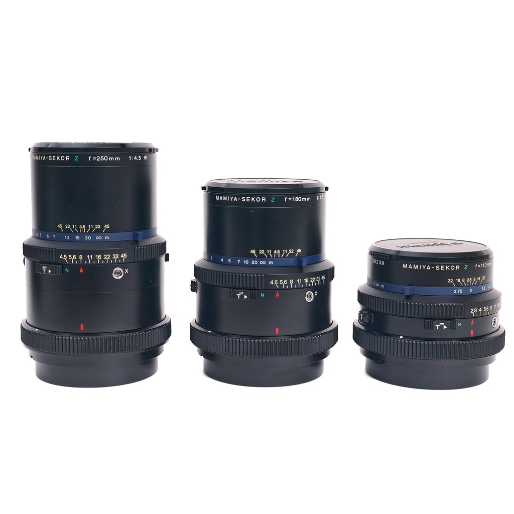 Mamiya RZ67 + 110mm f/2.8 + 180mm + 250mm f/4.5, w/- 2 Film + Backs Waist Level Finder & AE Prism Finder- Grade 8